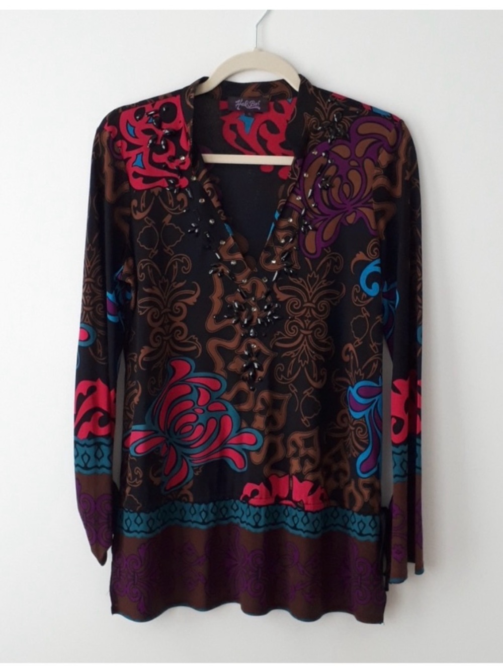 Hale Bob 100% Silk Beaded V-Neck Long Sleeve Top Multicoloured Glam - Size Small